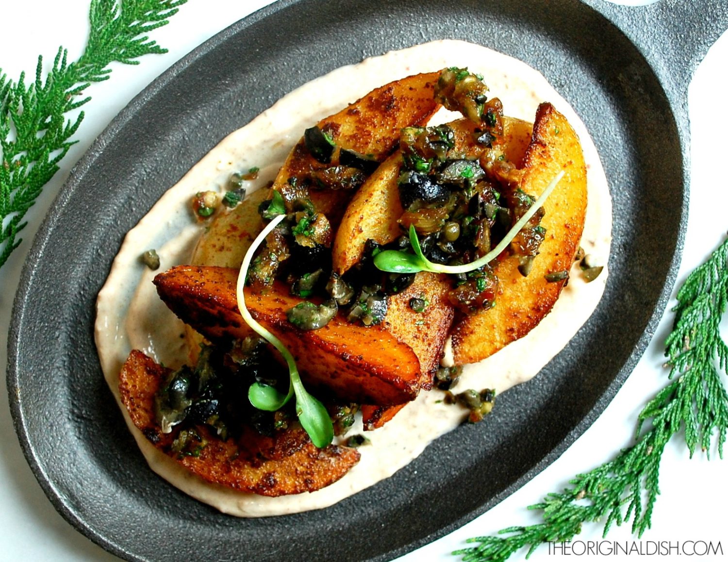 Paprika Seared Potato Wedges with Olive Tapenade & Date Sour Cream