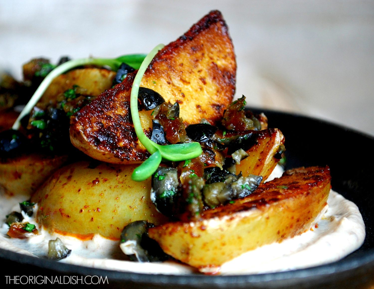 Paprika Seared Potato Wedges with Olive Tapenade & Date Sour Cream The Original Dish