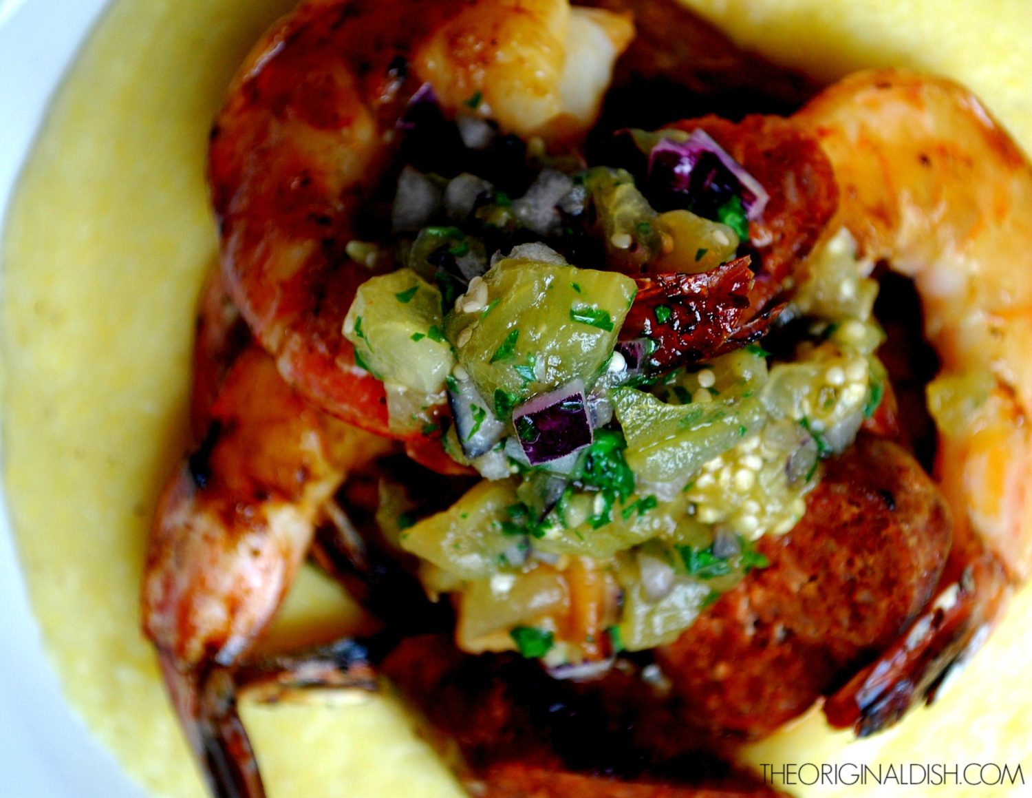 Jumbo Shrimp with Chorizo, Manchego Polenta & Salsa Verde The