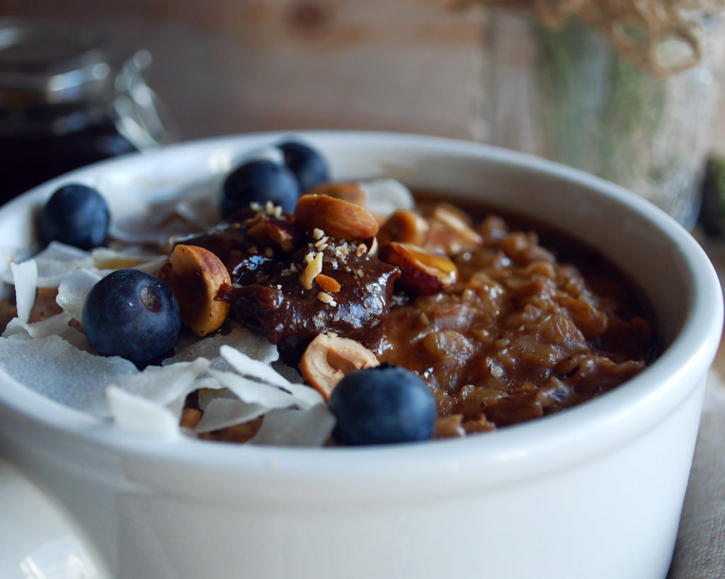 Oats with Homemade Chocolate Hazelnut Butter & Coconut Flakes