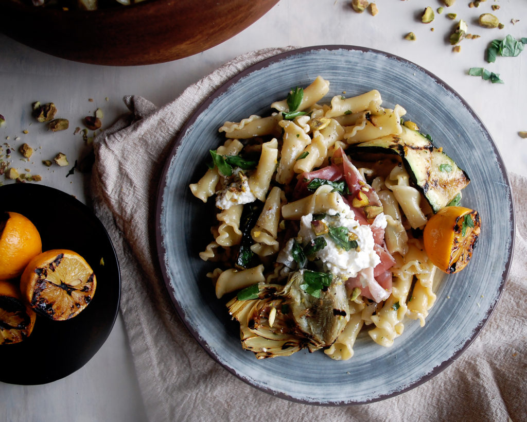 Artichoke & Burrata Pasta Salad with Charred Meyer Lemon Vinaigrette