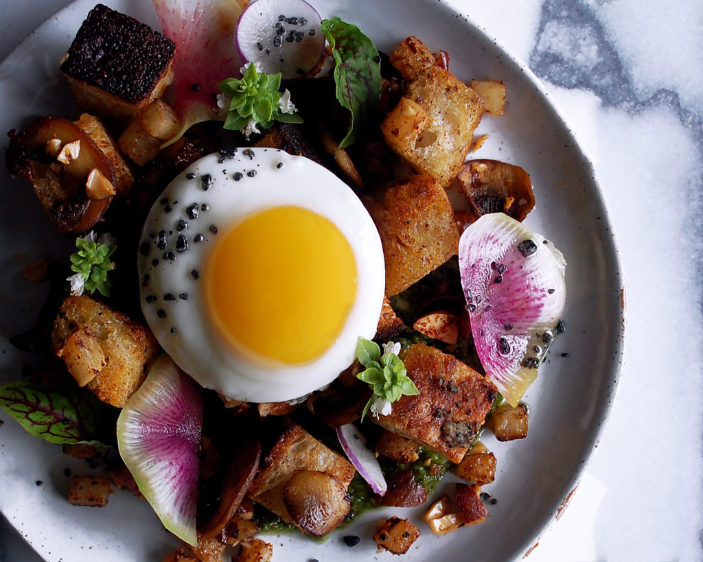 Harissa Kohlrabi Panzanella with Fried Eggs