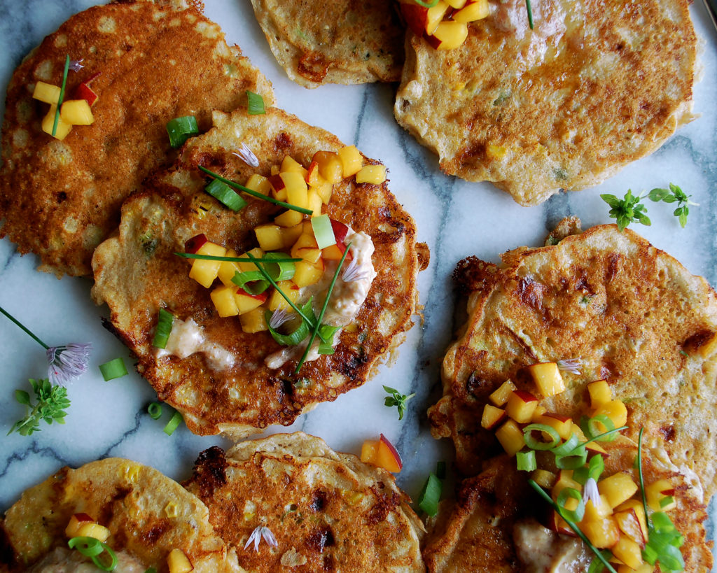 Cornmeal Pancakes with Peach Honey Syrup