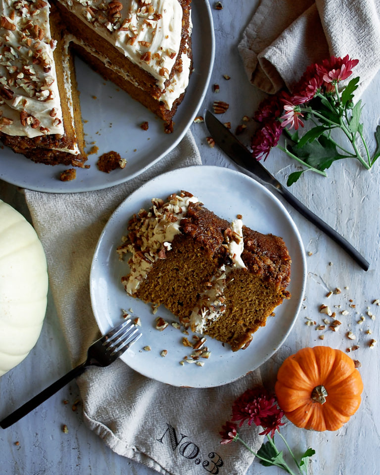 Pumpkin Pecan Praline Cake with Spiced Bourbon Cream