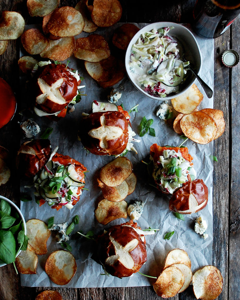 Buffalo Blue Cheese Fried Chicken Sliders with Sweet Pickle Slaw The