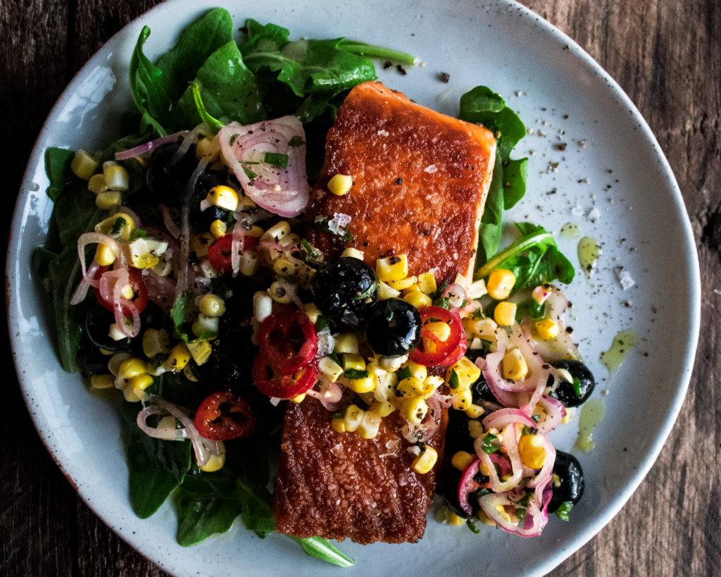 Seared Salmon with Corn & Blueberries