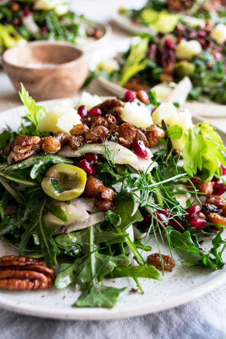 Arugula Salad with Harissa Chickpeas & Pomegranate Vinaigrette The