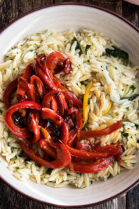 herb orzo and stewed peppers