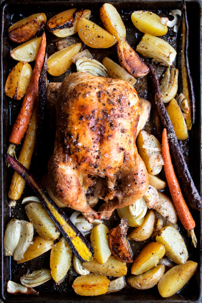 roast chicken and vegetables on sheet pan
