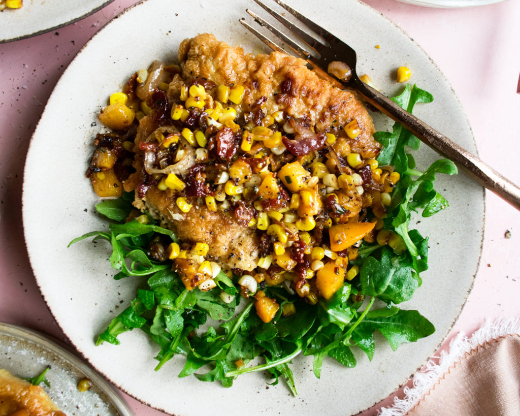 Breaded Pork Chops with Caramelized Corn