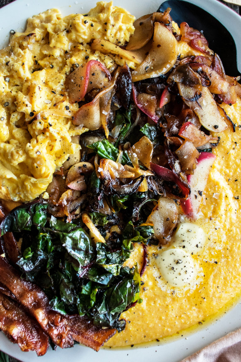 Polenta Breakfast Platter with Melted Apples & Greens The Original Dish