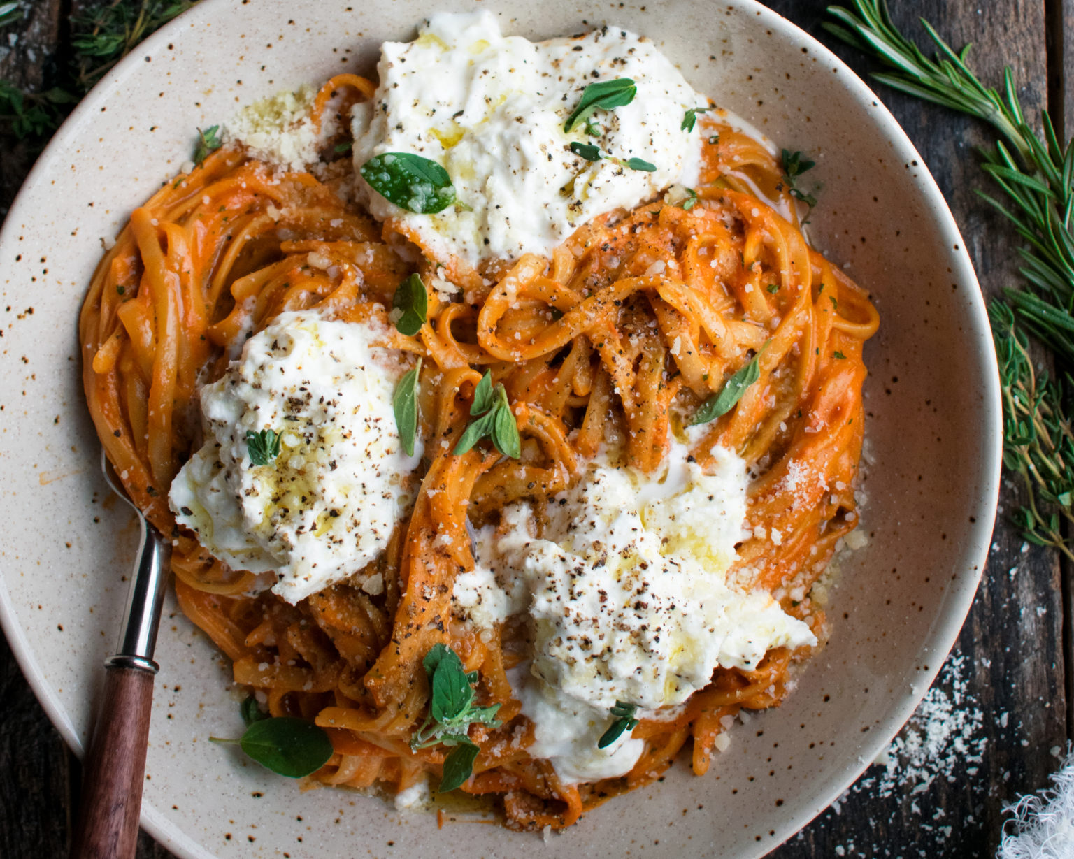Creamy Red Pepper Pasta with Burrata & Herbs - The Original Dish