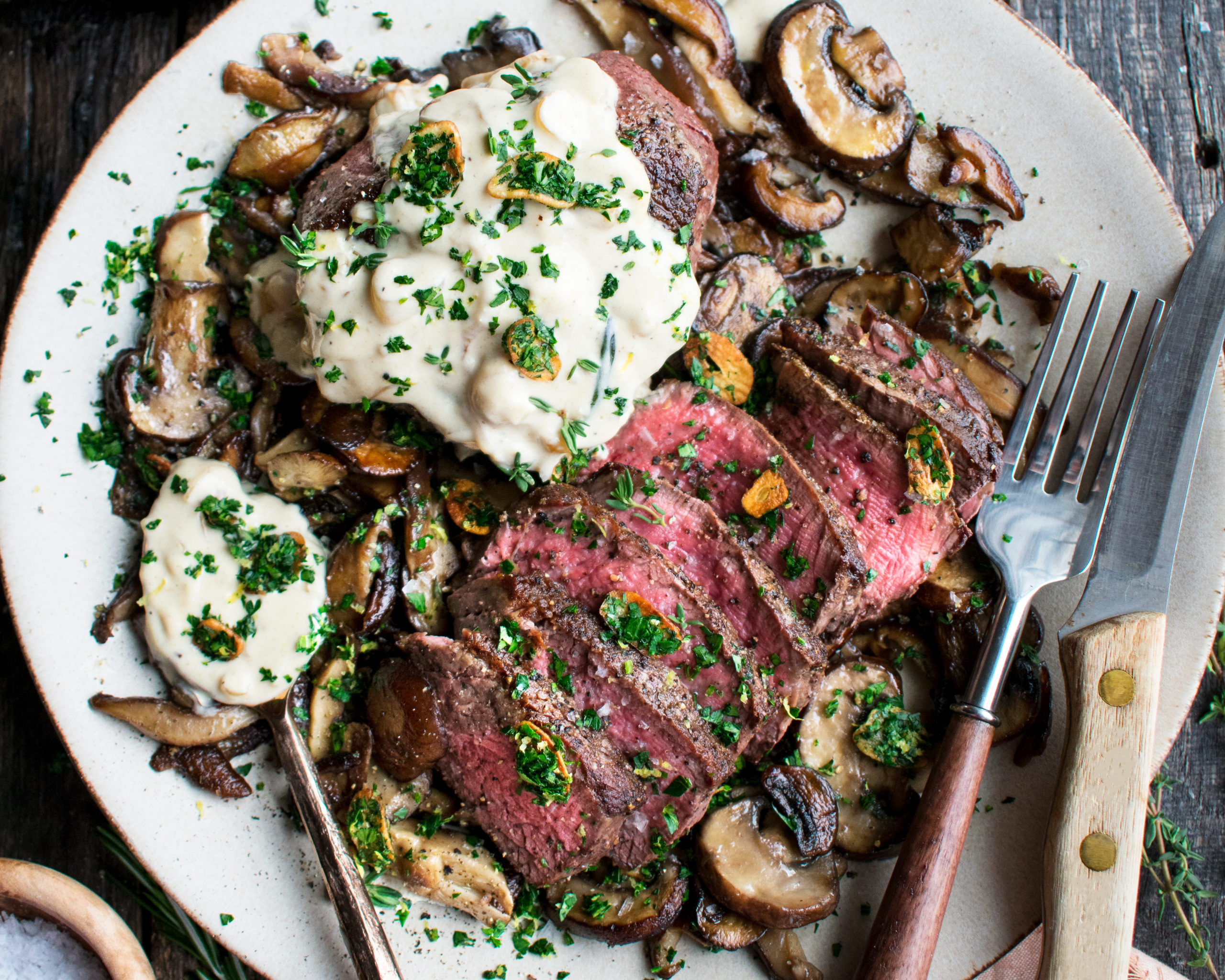 Seared Filet with Shallot Peppercorn Cream Sauce