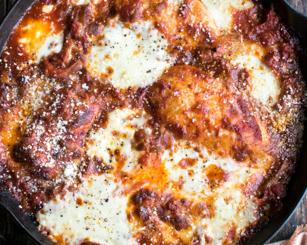 Cheesy Tomato Baked Skillet Chicken