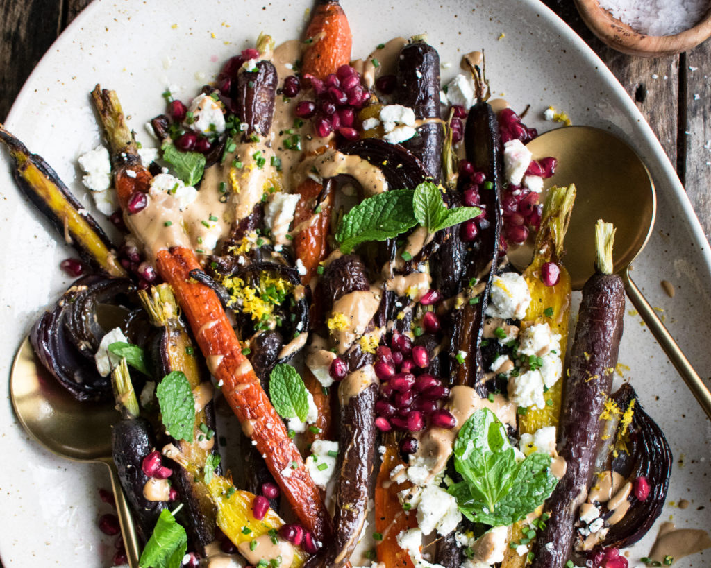 Roasted Carrots with Tahini Pomegranate Sauce