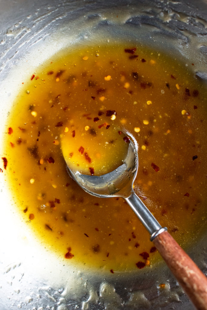 hot honey vinaigrette in a mixing bowl