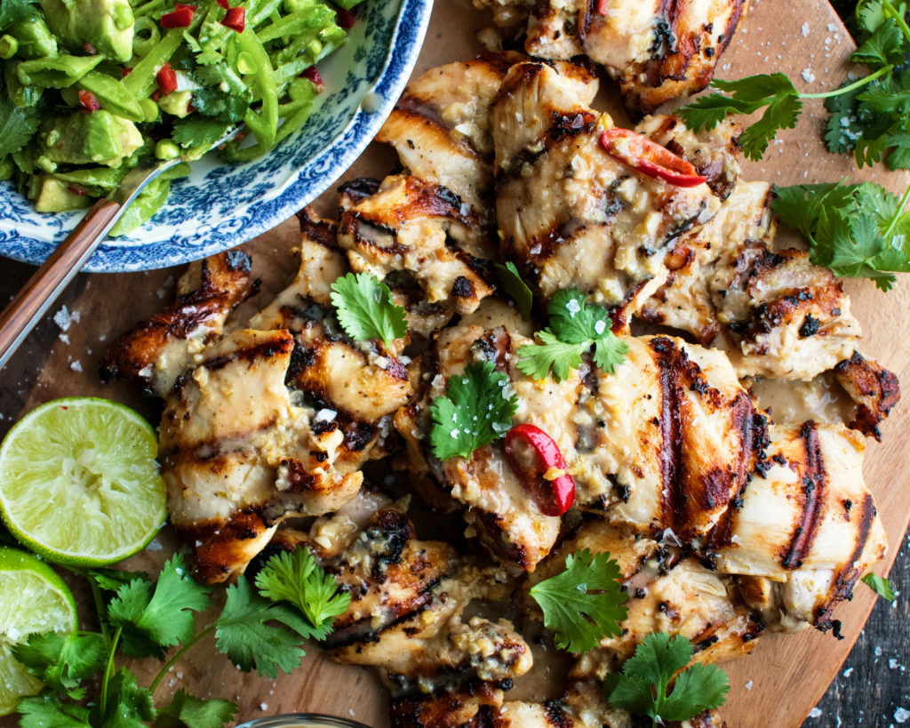 Grilled Coconut Chicken with Snap Pea Salad