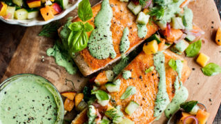 salmon with green goddess dressing Green Goddess Salmon with Peach Salad