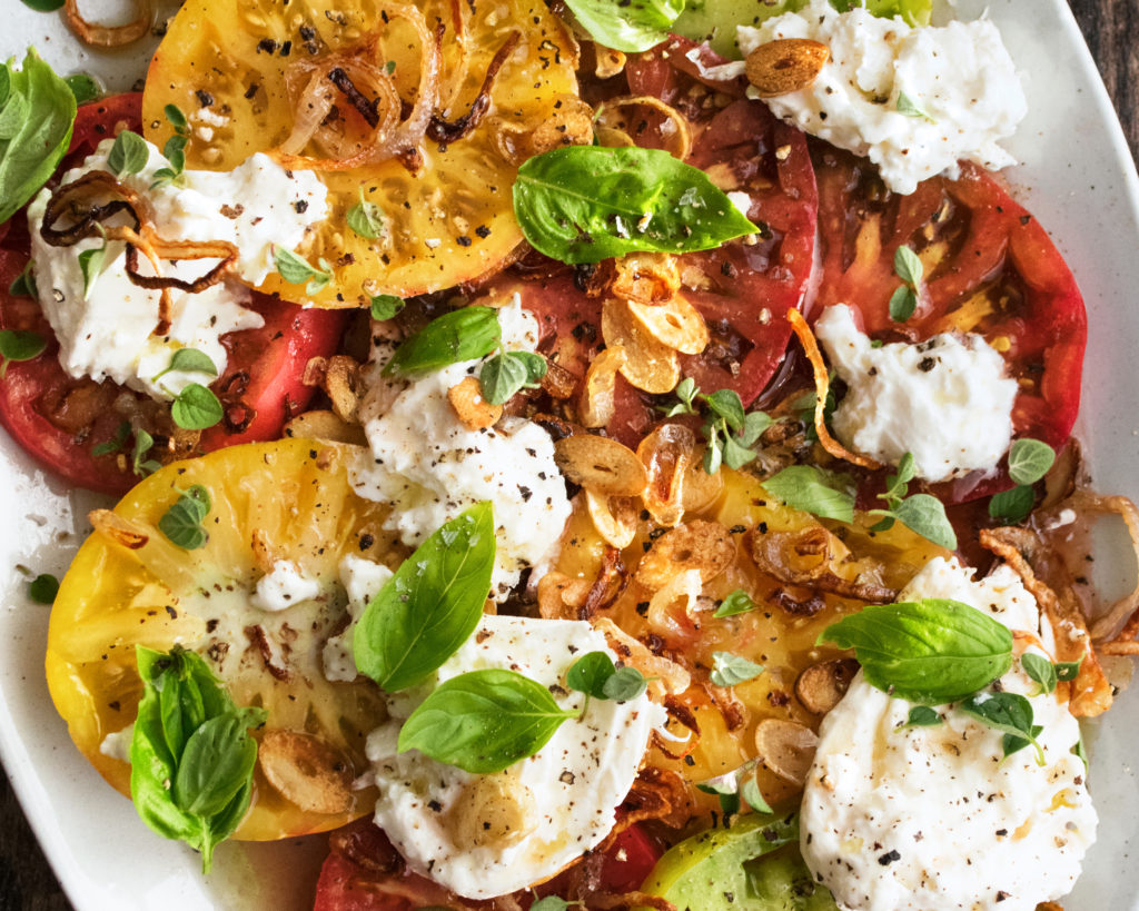 Tomatoes & Burrata with Crispy Shallot Vinaigrette