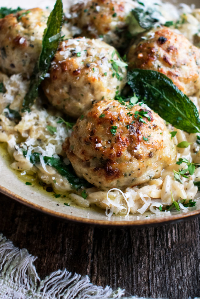 Baked Sage Chicken Meatballs with Parmesan Orzo