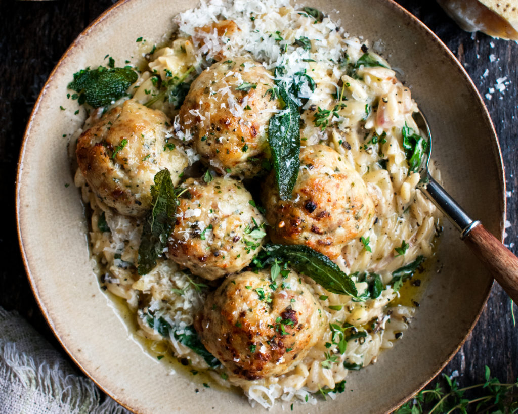 Baked Sage Chicken Meatballs with Parmesan Orzo