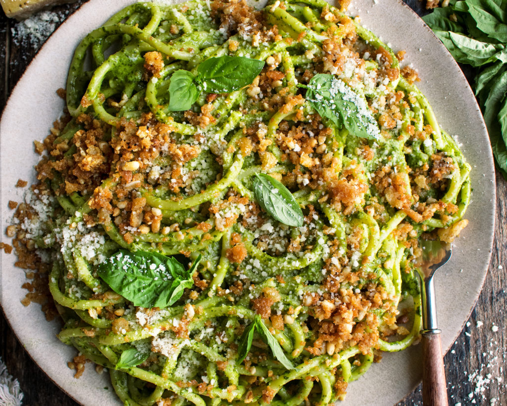 finished pesto pasta on a plate