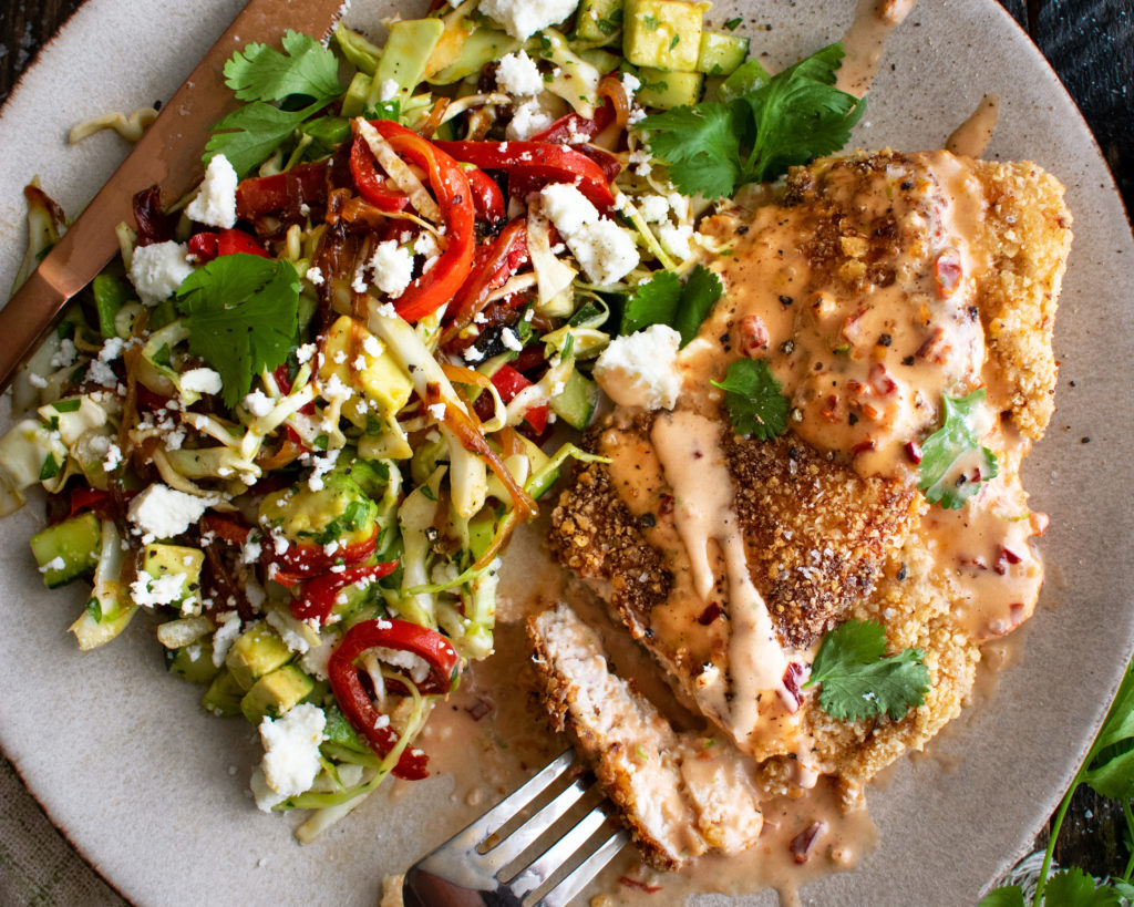 finished Tortilla Chip Crusted Chicken on a plate