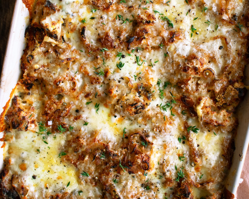 french onion stuffing in a baking dish