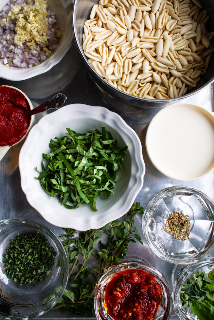 ingredients for Creamy Basil & Calabrian Chile Cavatelli measured out
