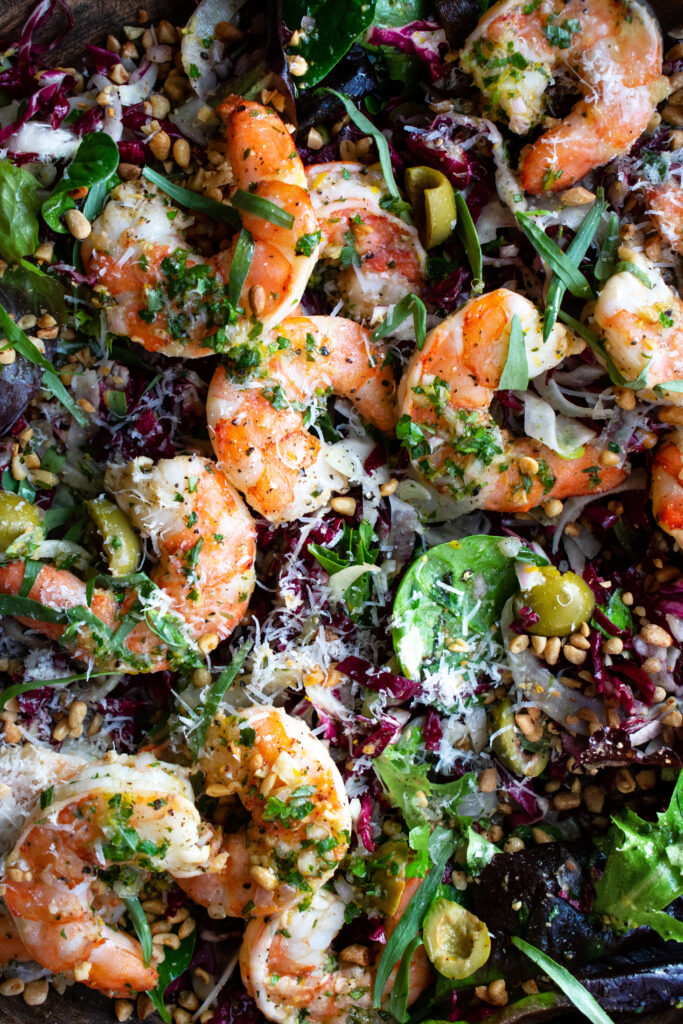 up-close image of the finished radicchio salad with shrimp