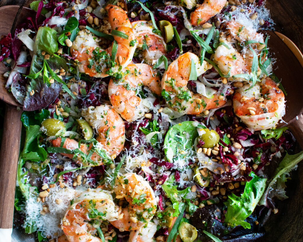 finished bowl of radicchio salad with shrimp and citrus vinaigrette