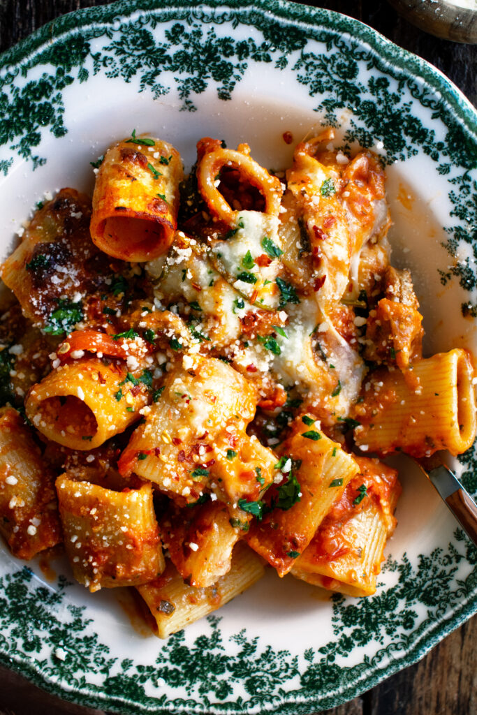 Cheesy Baked Rigatoni in a bowl