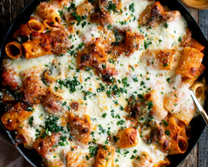 Cheesy Baked Rigatoni with Italian Sausage & Spinach in a skillet