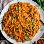Creamy Basil & Calabrian Chile Cavatelli on a serving platter