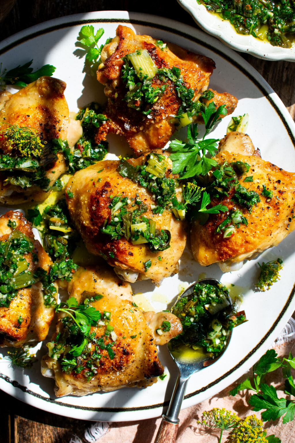 Crispy Chicken Thighs with Charred Green Onion Chimichurri The