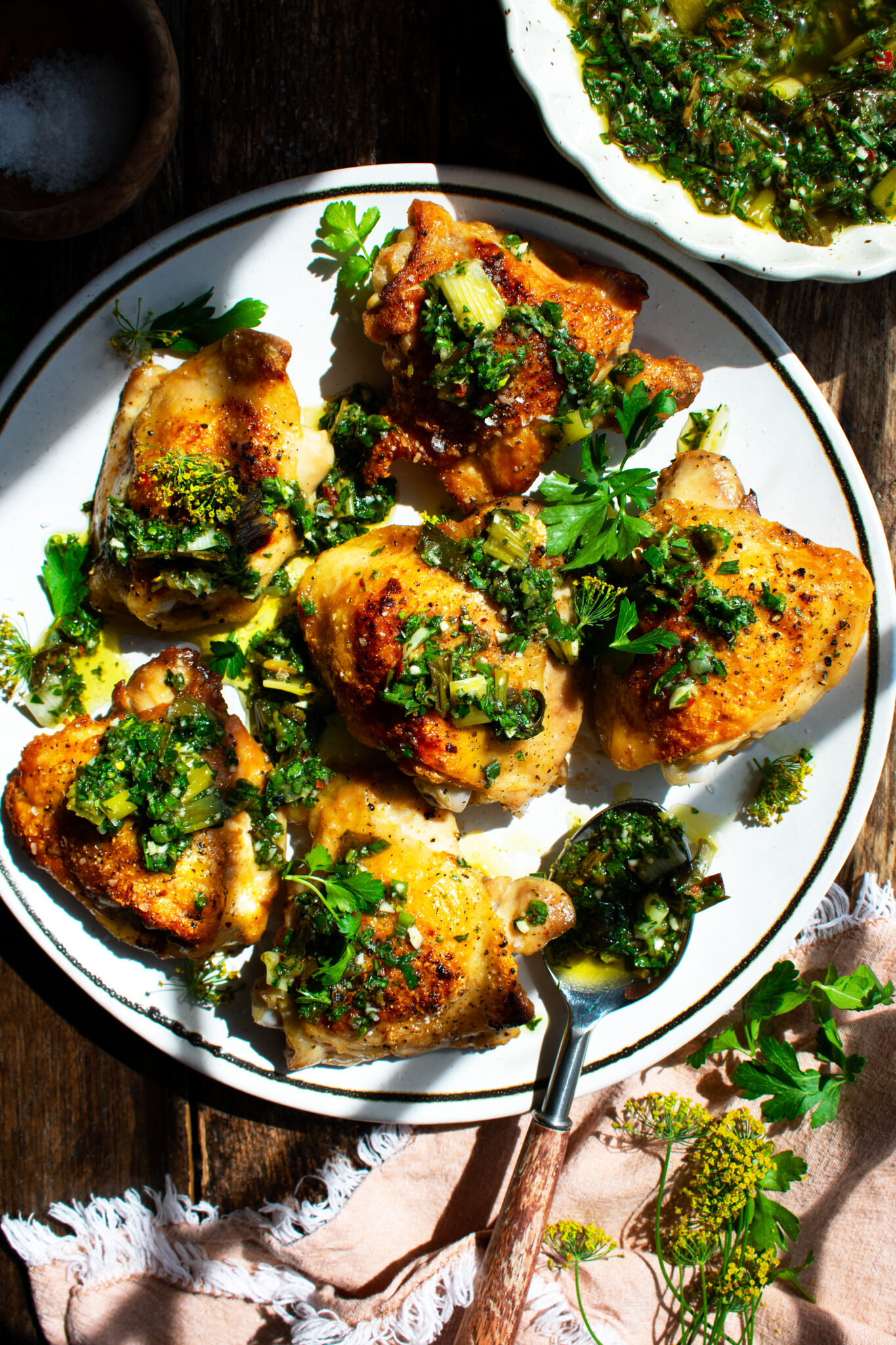 Crispy Chicken Thighs with Charred Green Onion Chimichurri The