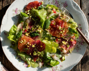 a plate of salad with butter lettuce, fennel, radish, blood oranges, basil, pistachios, and spicy citrus vinaigrette