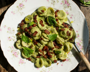 finished plate of Creamy Basil Orecchiette with Peas & Pancetta