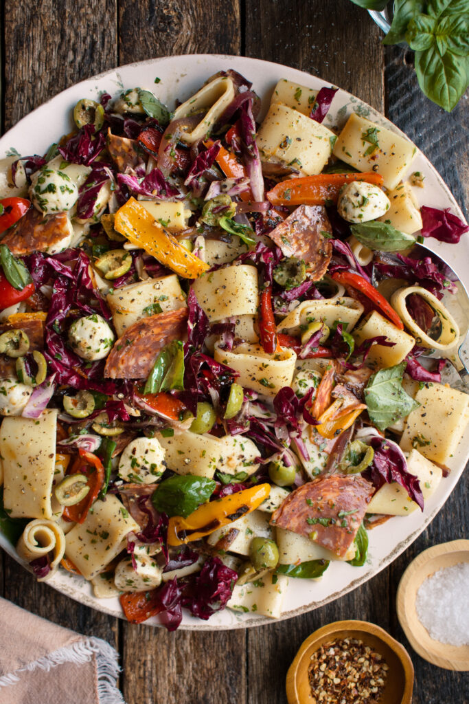 a large platter of Italian Pasta Salad