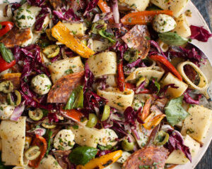 a large platter of Italian Pasta Salad
