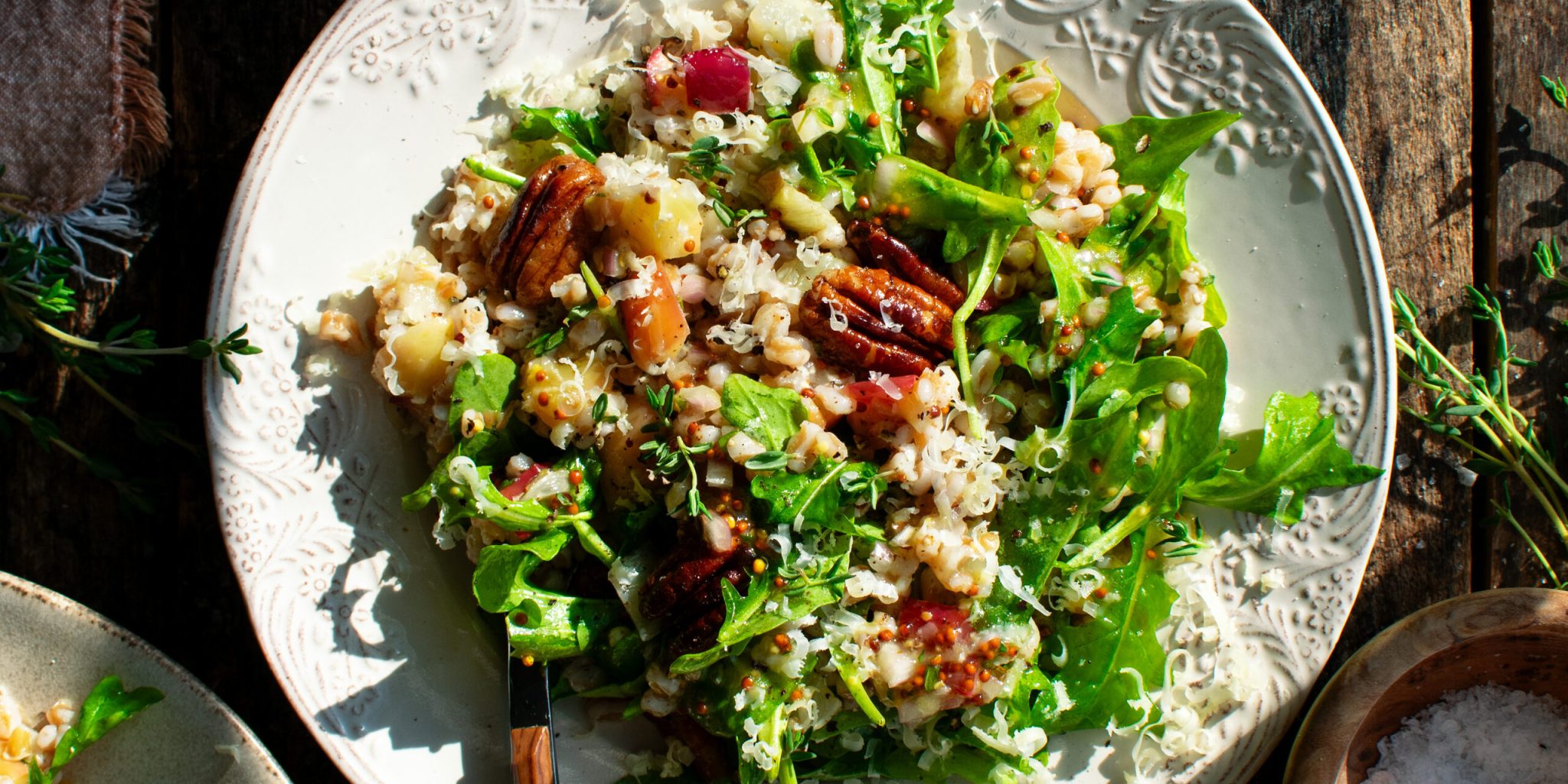 a plate of roasted apple farro salad